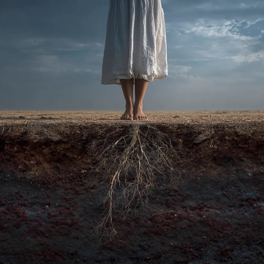 Bare feet standing on earth with roots reaching down into the soil, representing energetic grounding